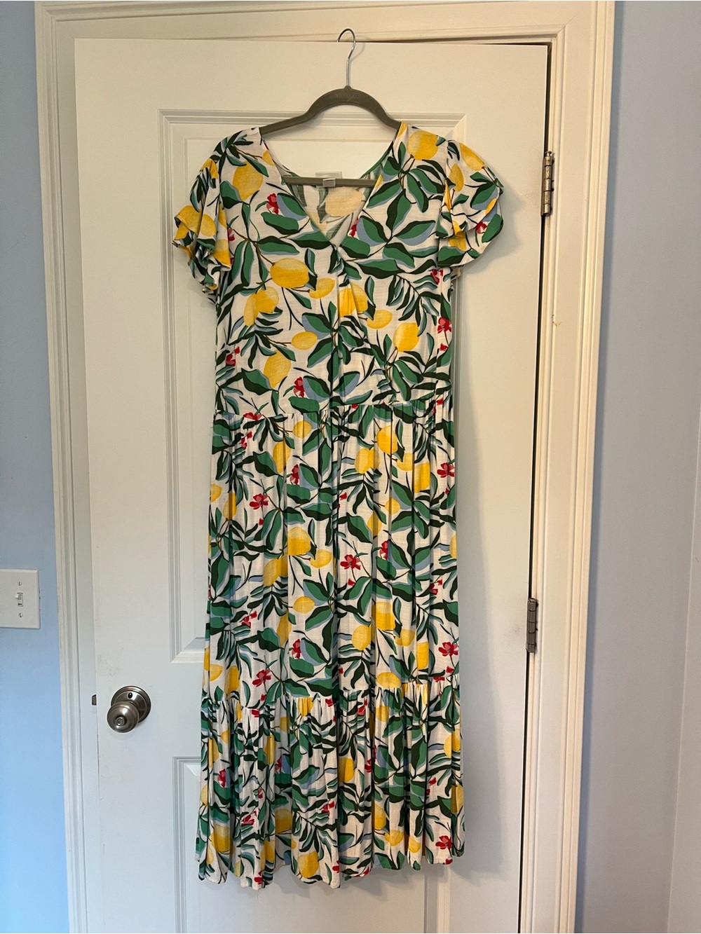 Ava & Viv White Maxi Dress with Yellow Lemon and Green Leaf Print